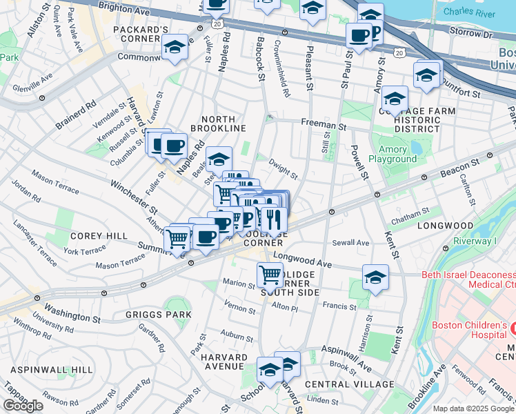 map of restaurants, bars, coffee shops, grocery stores, and more near 3 Greenway Court in Brookline