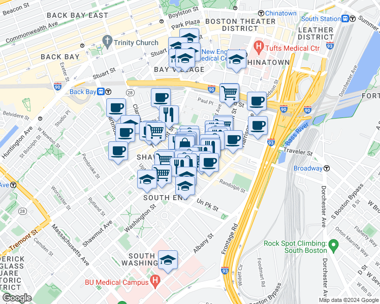 map of restaurants, bars, coffee shops, grocery stores, and more near 251 Shawmut Avenue in Boston