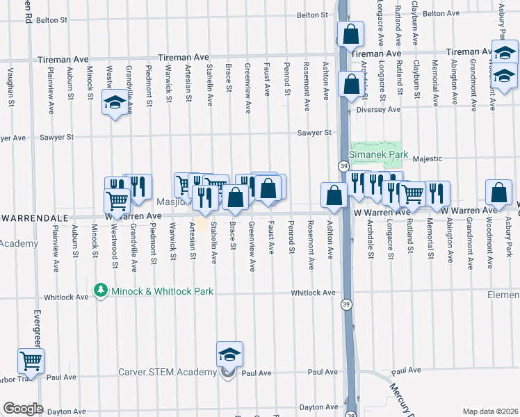 map of restaurants, bars, coffee shops, grocery stores, and more near 18538 W Warren Ave in Detroit