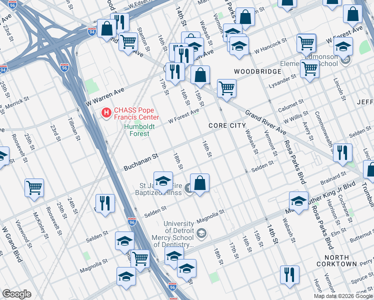 map of restaurants, bars, coffee shops, grocery stores, and more near 4279 17th Street in Detroit