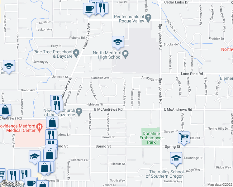 map of restaurants, bars, coffee shops, grocery stores, and more near N Keene Way Dr in Medford