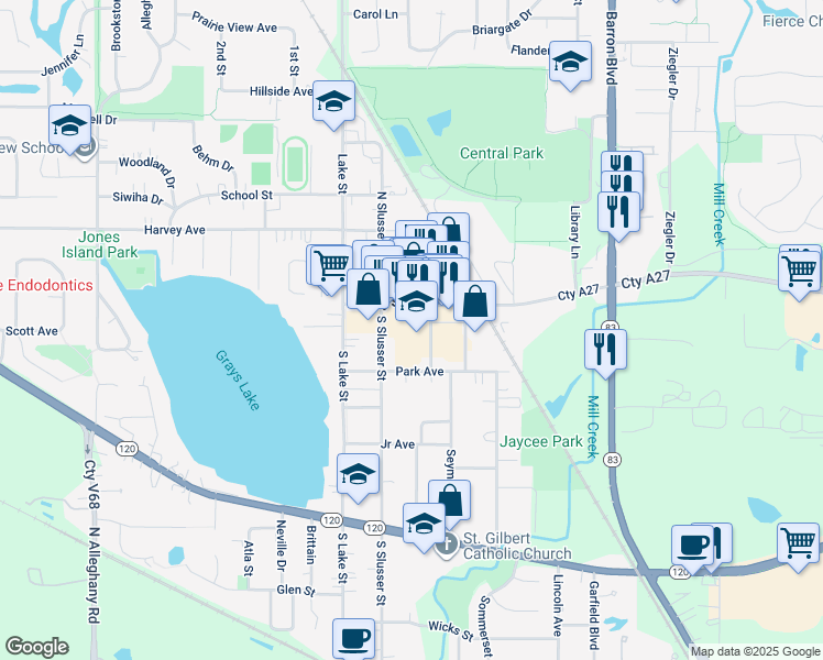 map of restaurants, bars, coffee shops, grocery stores, and more near 30 South Whitney Street in Grayslake