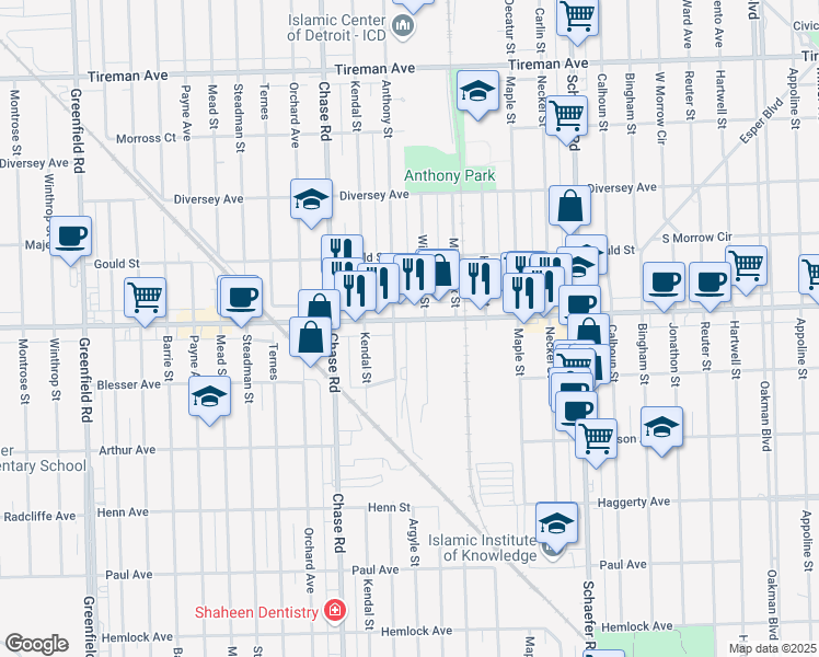 map of restaurants, bars, coffee shops, grocery stores, and more near 14351 West Warren Avenue in Dearborn