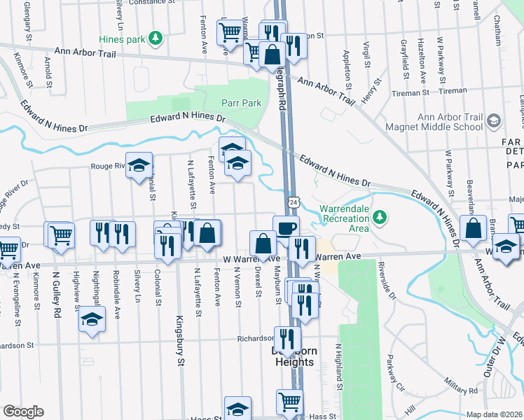 map of restaurants, bars, coffee shops, grocery stores, and more near 7402 Drexel St in Dearborn Heights