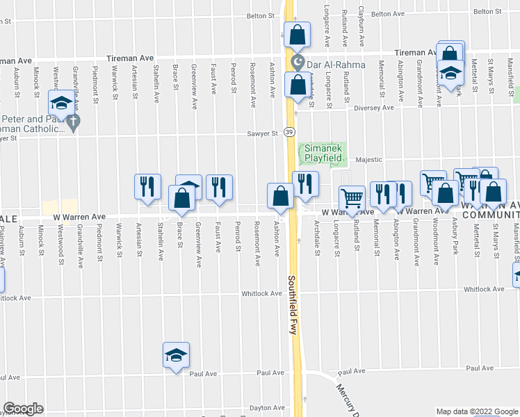 map of restaurants, bars, coffee shops, grocery stores, and more near 18250 West Warren Avenue in Detroit