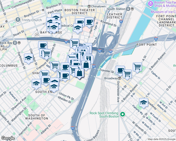 map of restaurants, bars, coffee shops, grocery stores, and more near 275 Albany Street in Boston