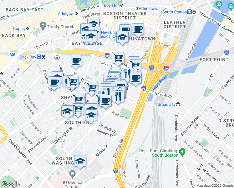 map of restaurants, bars, coffee shops, grocery stores, and more near 31 Fay Street in Boston