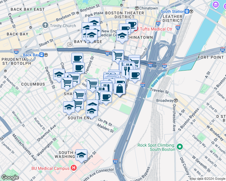 map of restaurants, bars, coffee shops, grocery stores, and more near 31 Fay Street in Boston