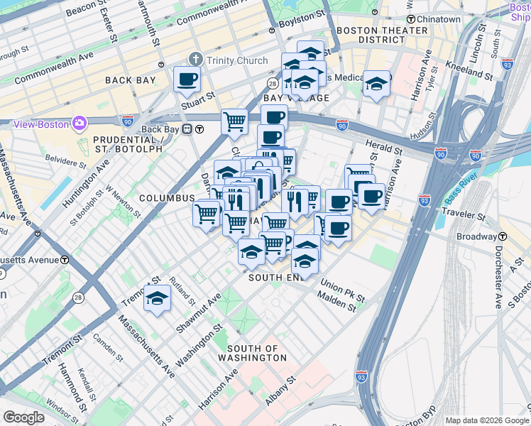 map of restaurants, bars, coffee shops, grocery stores, and more near in Boston
