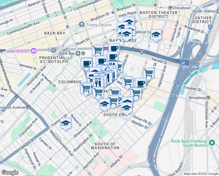 map of restaurants, bars, coffee shops, grocery stores, and more near 565 Tremont Street in Boston