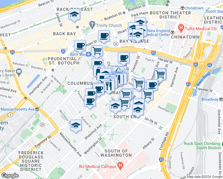 map of restaurants, bars, coffee shops, grocery stores, and more near 585 Tremont Street in Boston