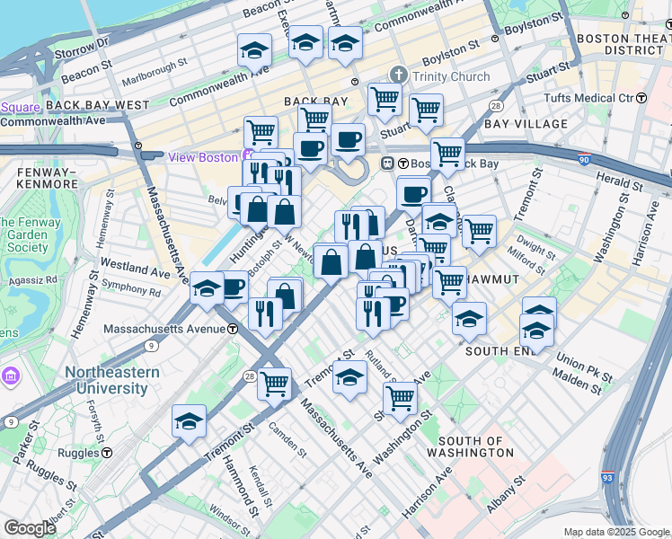 map of restaurants, bars, coffee shops, grocery stores, and more near 195 West Newton Street in Boston