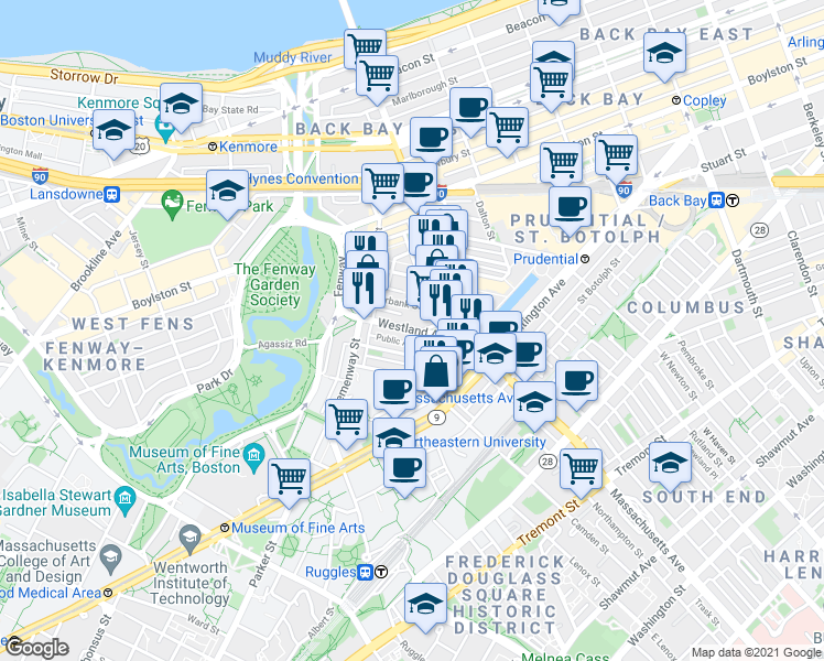 map of restaurants, bars, coffee shops, grocery stores, and more near 29 Symphony Road in Boston