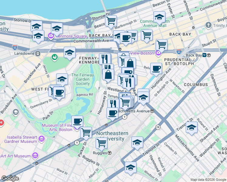 map of restaurants, bars, coffee shops, grocery stores, and more near 76-78 Westland Avenue in Boston