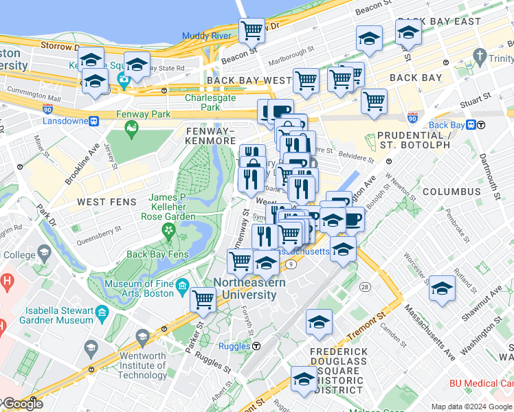 map of restaurants, bars, coffee shops, grocery stores, and more near in Boston