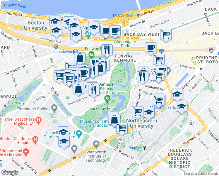 map of restaurants, bars, coffee shops, grocery stores, and more near 100 Park Drive in Boston