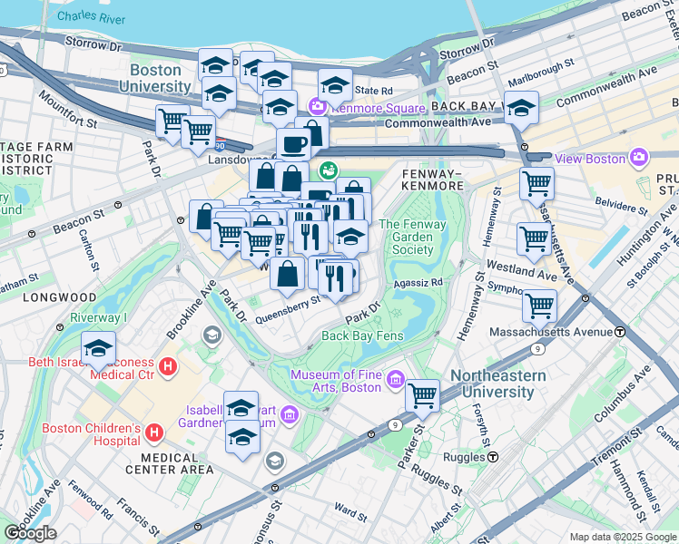 map of restaurants, bars, coffee shops, grocery stores, and more near 119 Jersey Street in Boston