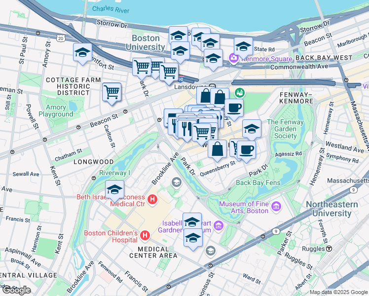 map of restaurants, bars, coffee shops, grocery stores, and more near 1395 Boylston Street in Boston