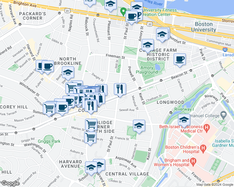 map of restaurants, bars, coffee shops, grocery stores, and more near 3 James Street in Brookline