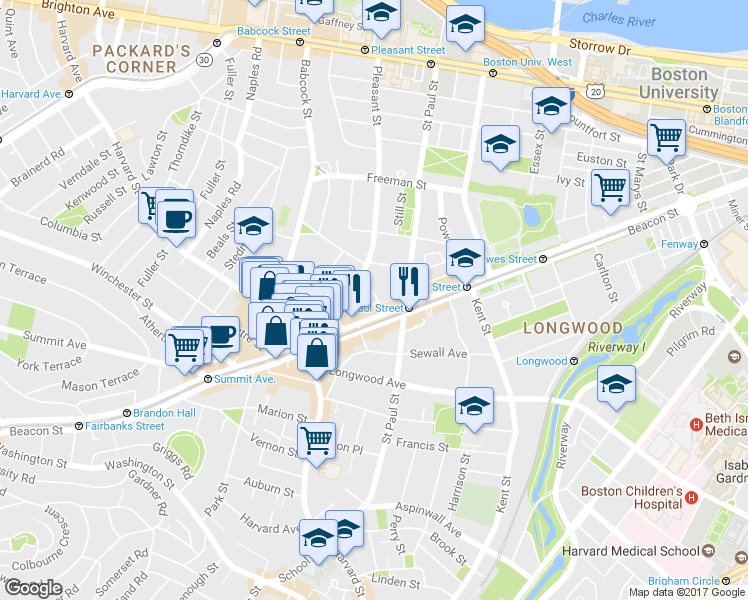 map of restaurants, bars, coffee shops, grocery stores, and more near 3 James Street in Brookline