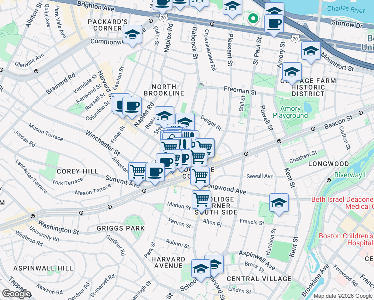 map of restaurants, bars, coffee shops, grocery stores, and more near 301 Harvard Street in Brookline