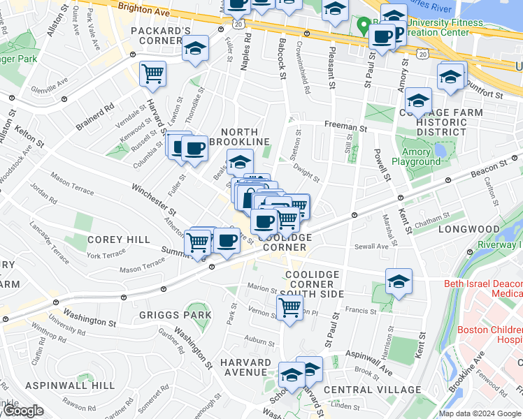map of restaurants, bars, coffee shops, grocery stores, and more near 301 Harvard Street in Brookline