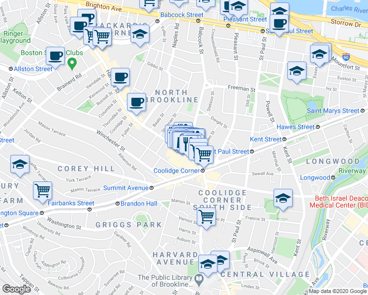 map of restaurants, bars, coffee shops, grocery stores, and more near 301 Harvard Street in Brookline