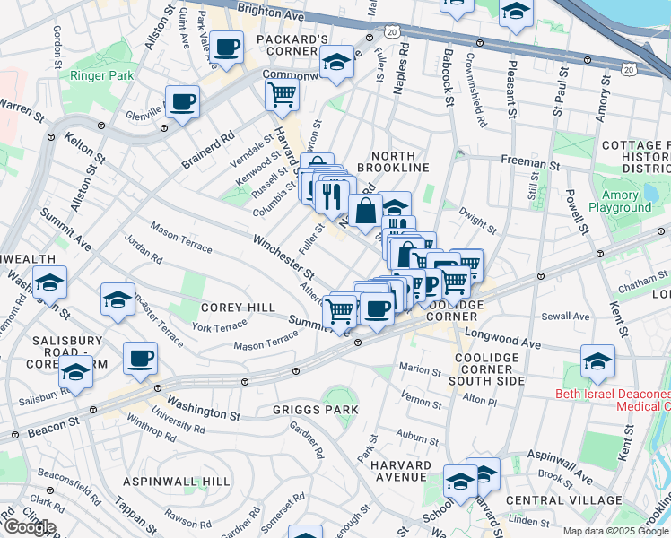 map of restaurants, bars, coffee shops, grocery stores, and more near 75 Winchester Street in Brookline