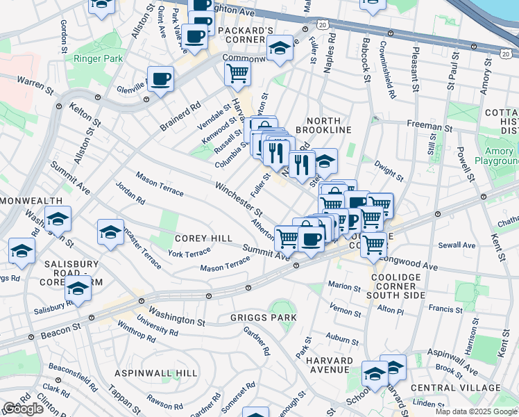 map of restaurants, bars, coffee shops, grocery stores, and more near 104 Winchester Street in Brookline