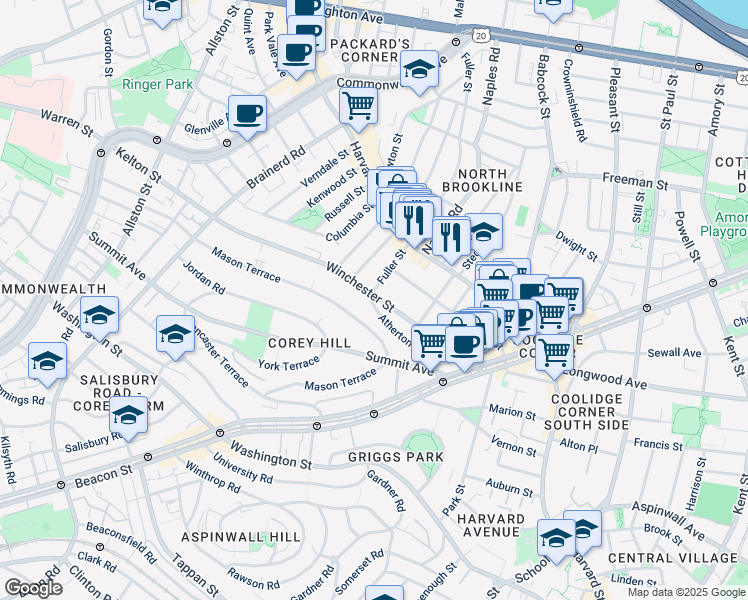 map of restaurants, bars, coffee shops, grocery stores, and more near 104 Winchester Street in Brookline