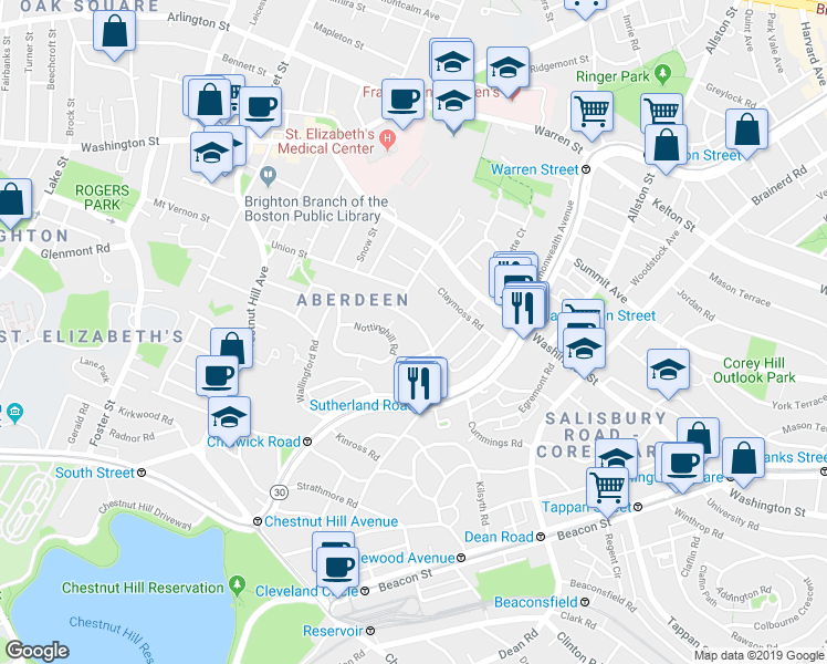map of restaurants, bars, coffee shops, grocery stores, and more near 104 Euston Road in Boston