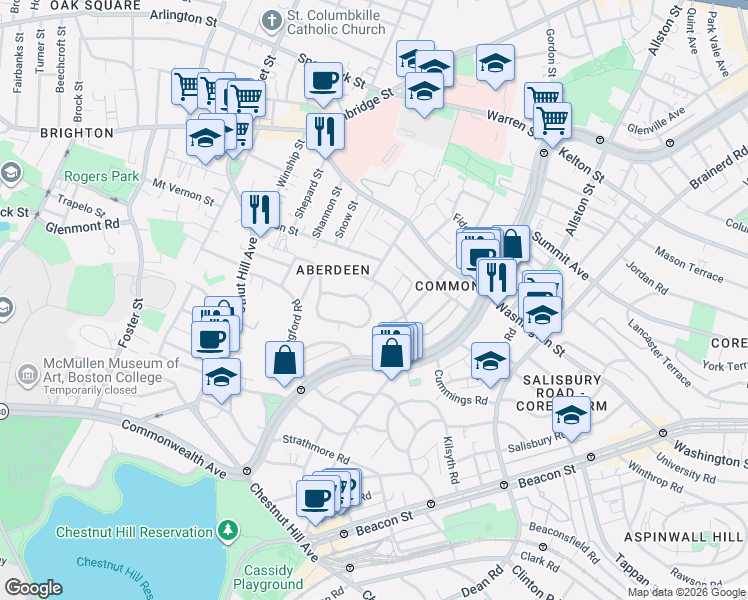 map of restaurants, bars, coffee shops, grocery stores, and more near 107 Nottinghill Road in Boston