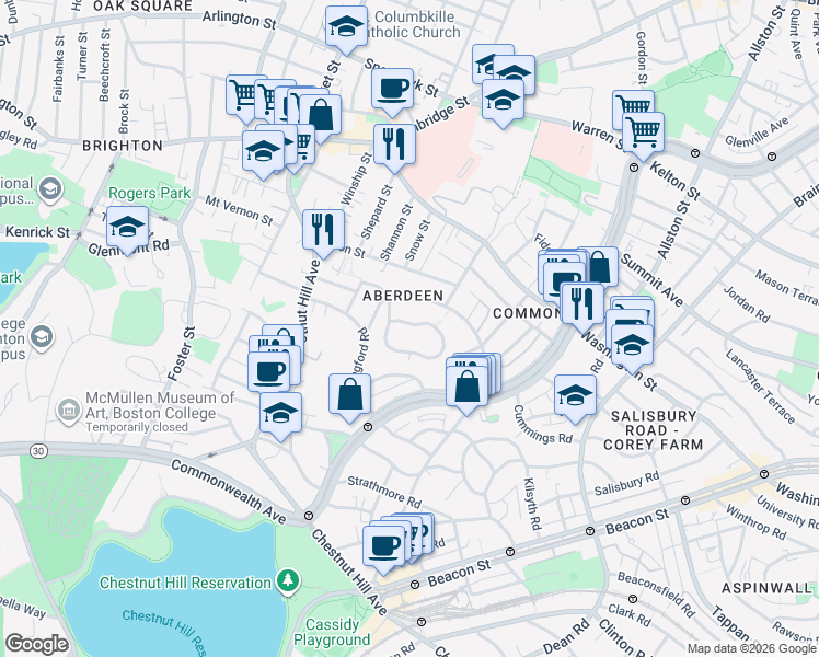 map of restaurants, bars, coffee shops, grocery stores, and more near 100 Nottinghill Road in Boston