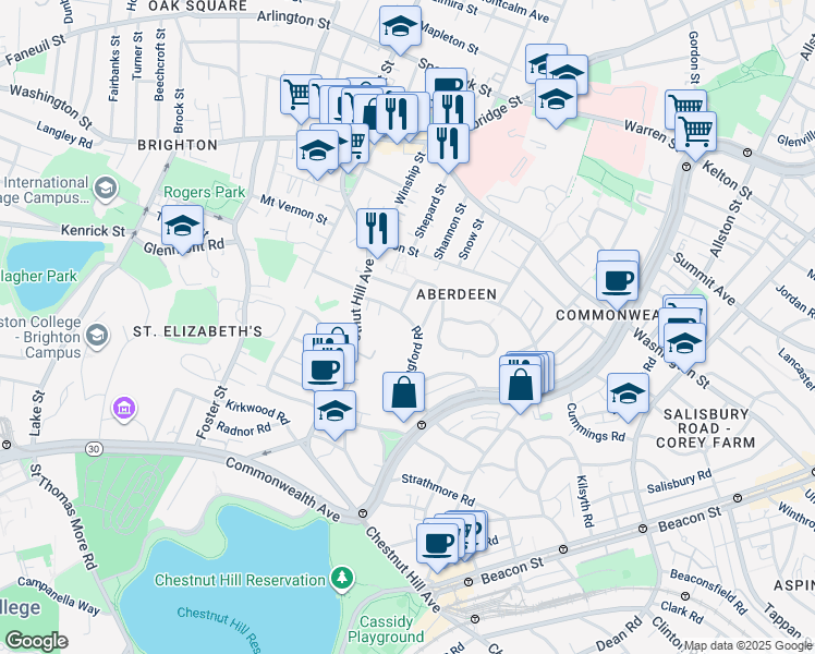 map of restaurants, bars, coffee shops, grocery stores, and more near 57 Wallingford Road in Boston