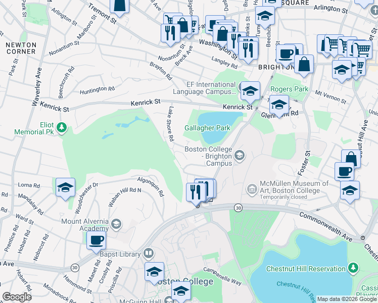 map of restaurants, bars, coffee shops, grocery stores, and more near 116 Lake Shore Road in Boston