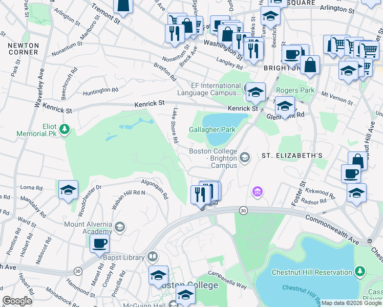map of restaurants, bars, coffee shops, grocery stores, and more near 116 Lake Shore Road in Boston