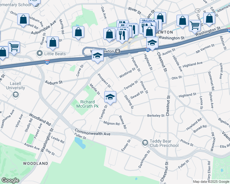 map of restaurants, bars, coffee shops, grocery stores, and more near 121 Temple Street in Newton