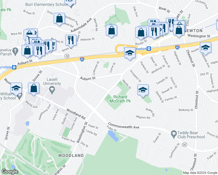 map of restaurants, bars, coffee shops, grocery stores, and more near in Newton