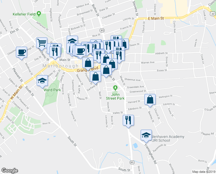 map of restaurants, bars, coffee shops, grocery stores, and more near 99 Howe Street in Marlborough