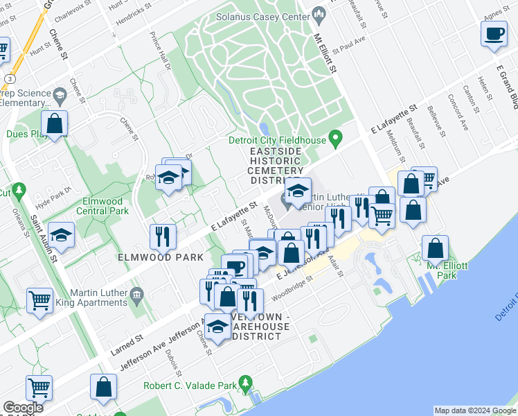 map of restaurants, bars, coffee shops, grocery stores, and more near 3146 East Lafayette Street in Detroit