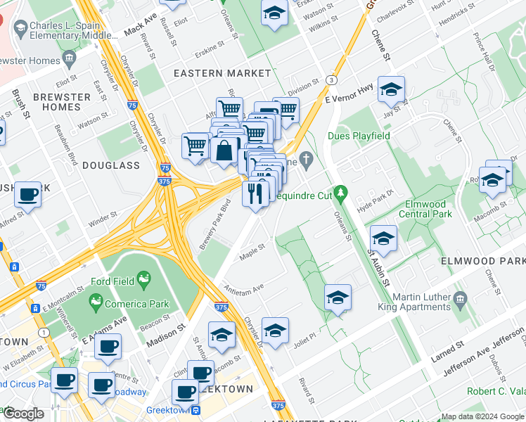 map of restaurants, bars, coffee shops, grocery stores, and more near in Detroit
