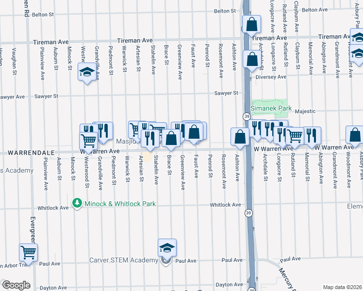 map of restaurants, bars, coffee shops, grocery stores, and more near 18538 West Warren Avenue in Detroit