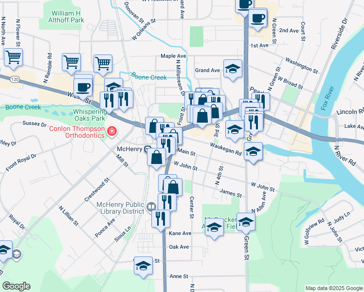 map of restaurants, bars, coffee shops, grocery stores, and more near 3816 Main Street in McHenry
