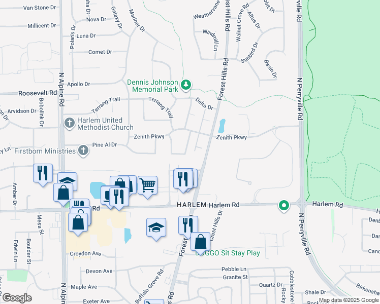 map of restaurants, bars, coffee shops, grocery stores, and more near 5171 Zenith Parkway in Loves Park