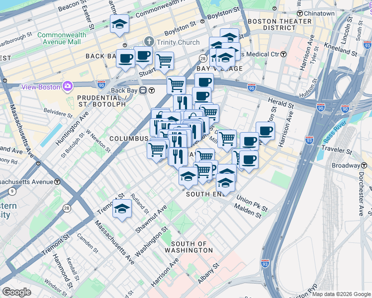 map of restaurants, bars, coffee shops, grocery stores, and more near Tremont Street & Union Park in Boston