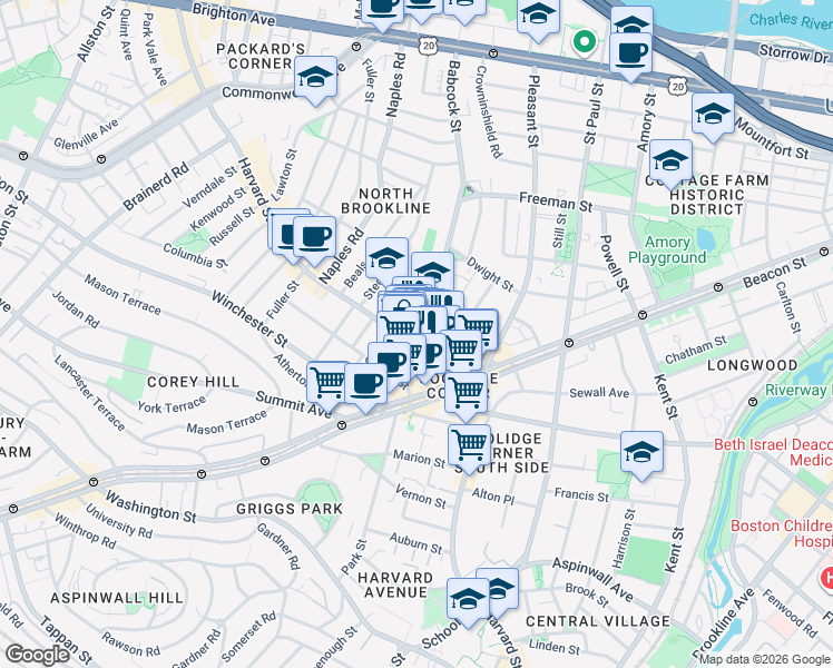 map of restaurants, bars, coffee shops, grocery stores, and more near 301 Harvard Street in Brookline
