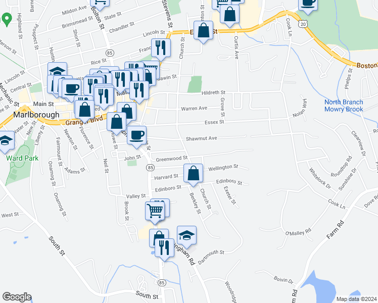 map of restaurants, bars, coffee shops, grocery stores, and more near 224 Church Street in Marlborough