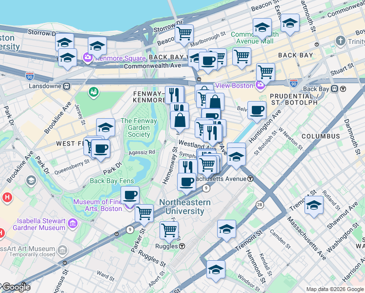 map of restaurants, bars, coffee shops, grocery stores, and more near 78 Westland Avenue in Boston