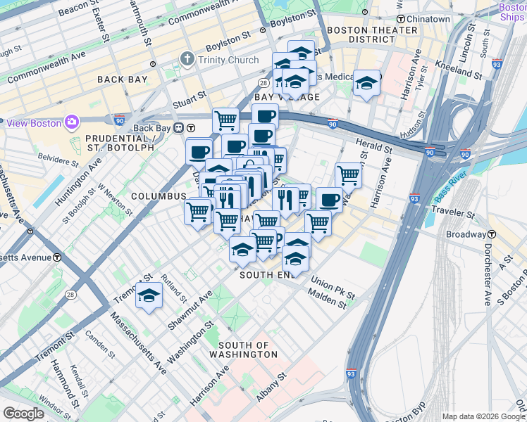 map of restaurants, bars, coffee shops, grocery stores, and more near in Boston