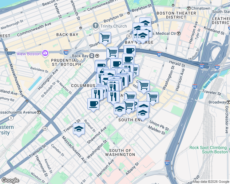 map of restaurants, bars, coffee shops, grocery stores, and more near 577 Tremont Street in Boston